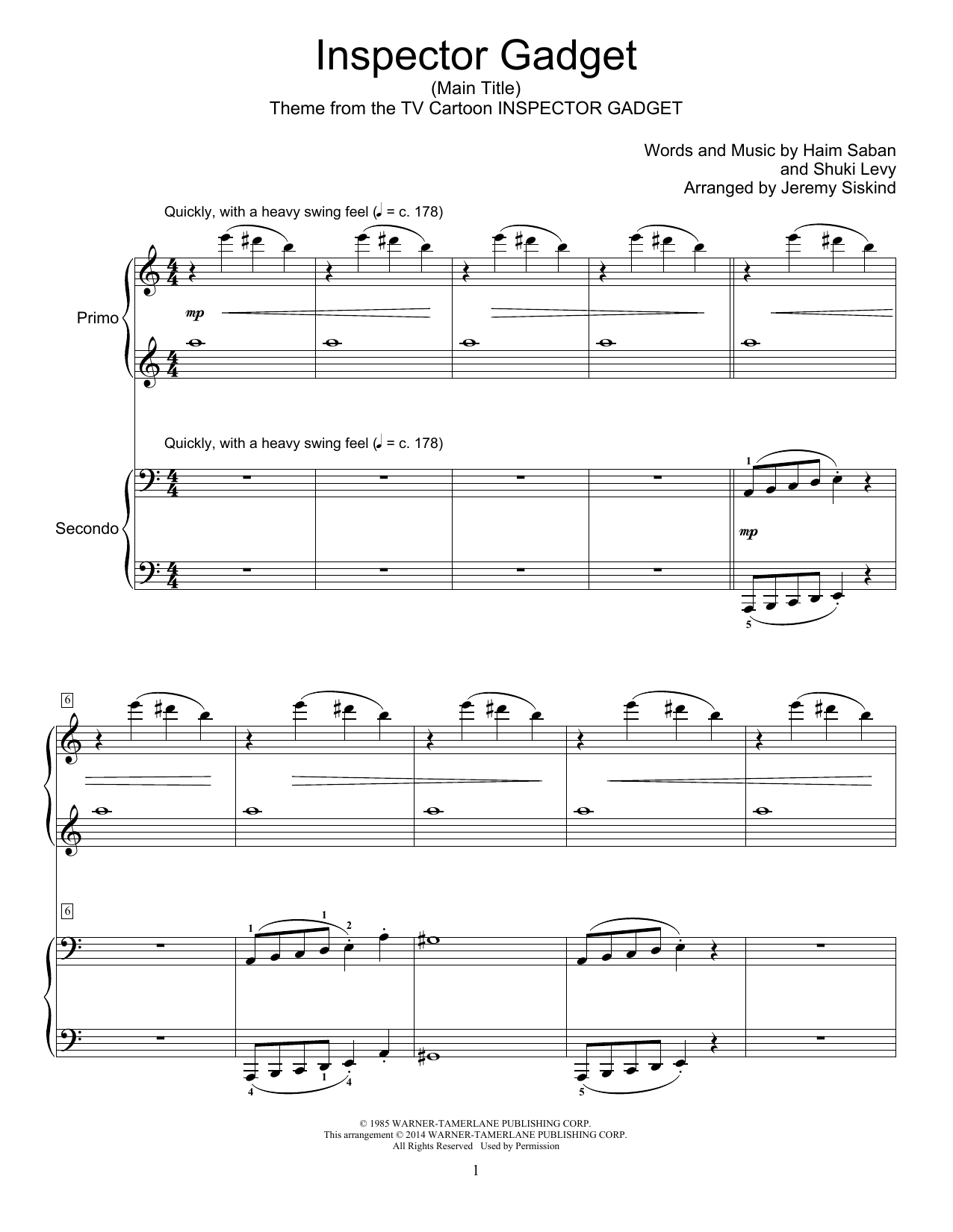 Jeremy Siskind Inspector Gadget (Main Title) sheet music notes and chords. Download Printable PDF.