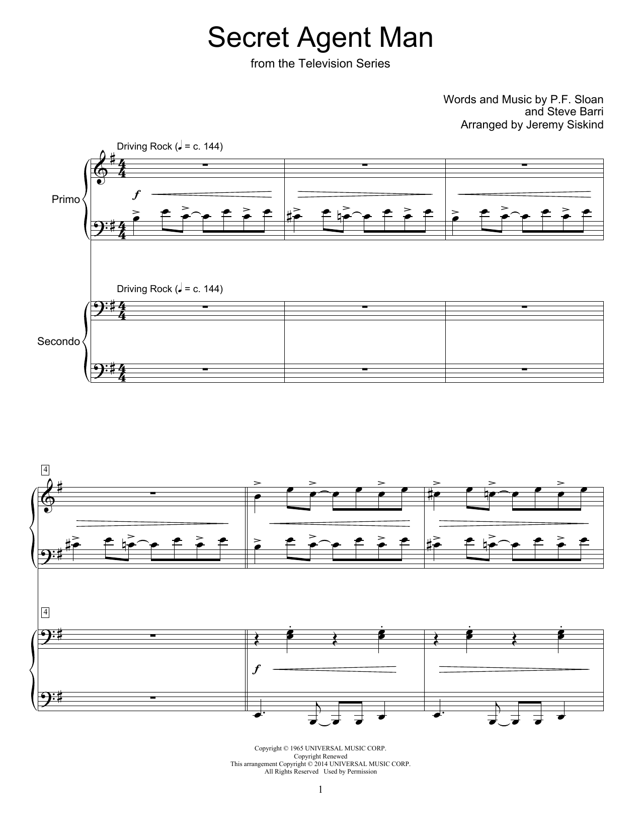 Learn to play Jeremy Siskind Secret Agent Man sheet music for Piano Duet in minutes. Price: 7.8900$ Jeremy Siskind Secret Agent Man sheet music notes and chords arranged for Piano Duet