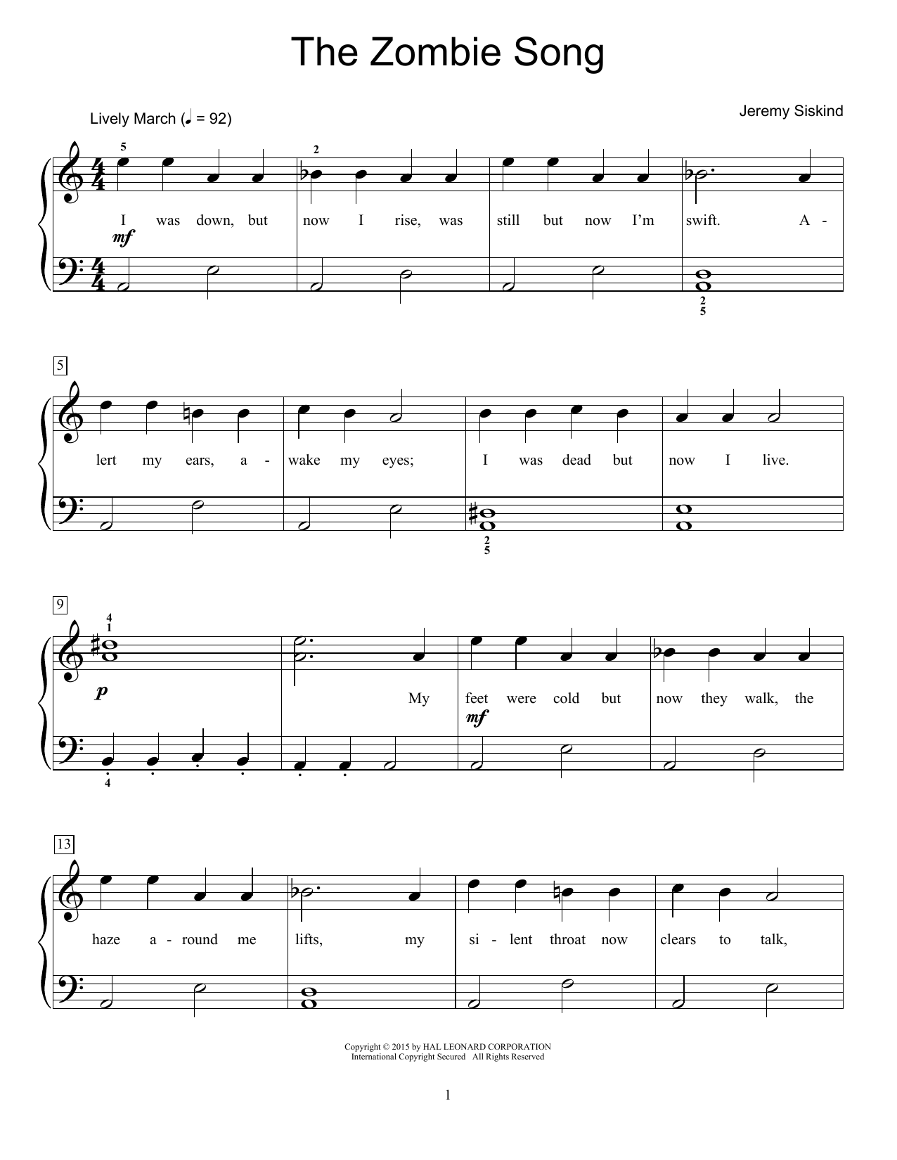Learn to play Jeremy Siskind The Zombie Song sheet music for Educational Piano in minutes. Price: 6.9900$ Jeremy Siskind The Zombie Song sheet music notes and chords arranged for Educational Piano