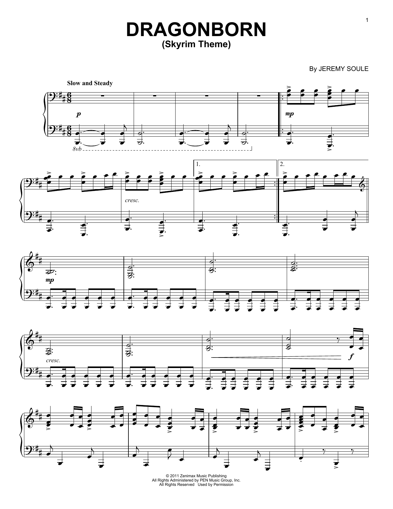 Jeremy Soule Dragonborn (Skyrim Theme) sheet music notes and chords. Download Printable PDF.