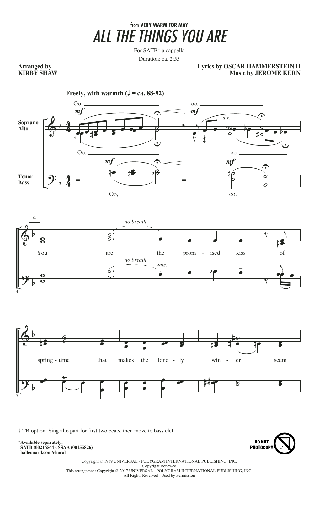 Learn to play Jerome Kern All The Things You Are (arr. Kirby Shaw) sheet music for SSA Choir in minutes. Price: 3.9900$ Jerome Kern All The Things You Are (arr. Kirby Shaw) sheet music notes and chords arranged for SSA Choir