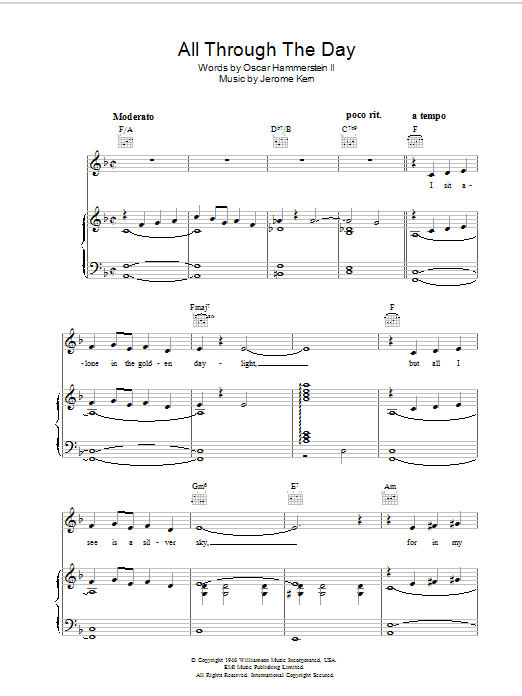 Learn to play Jerome Kern All Through The Day sheet music for Piano, Vocal & Guitar Chords in minutes. Price: 7.8900$ Jerome Kern All Through The Day sheet music notes and chords arranged for Piano, Vocal & Guitar Chords
