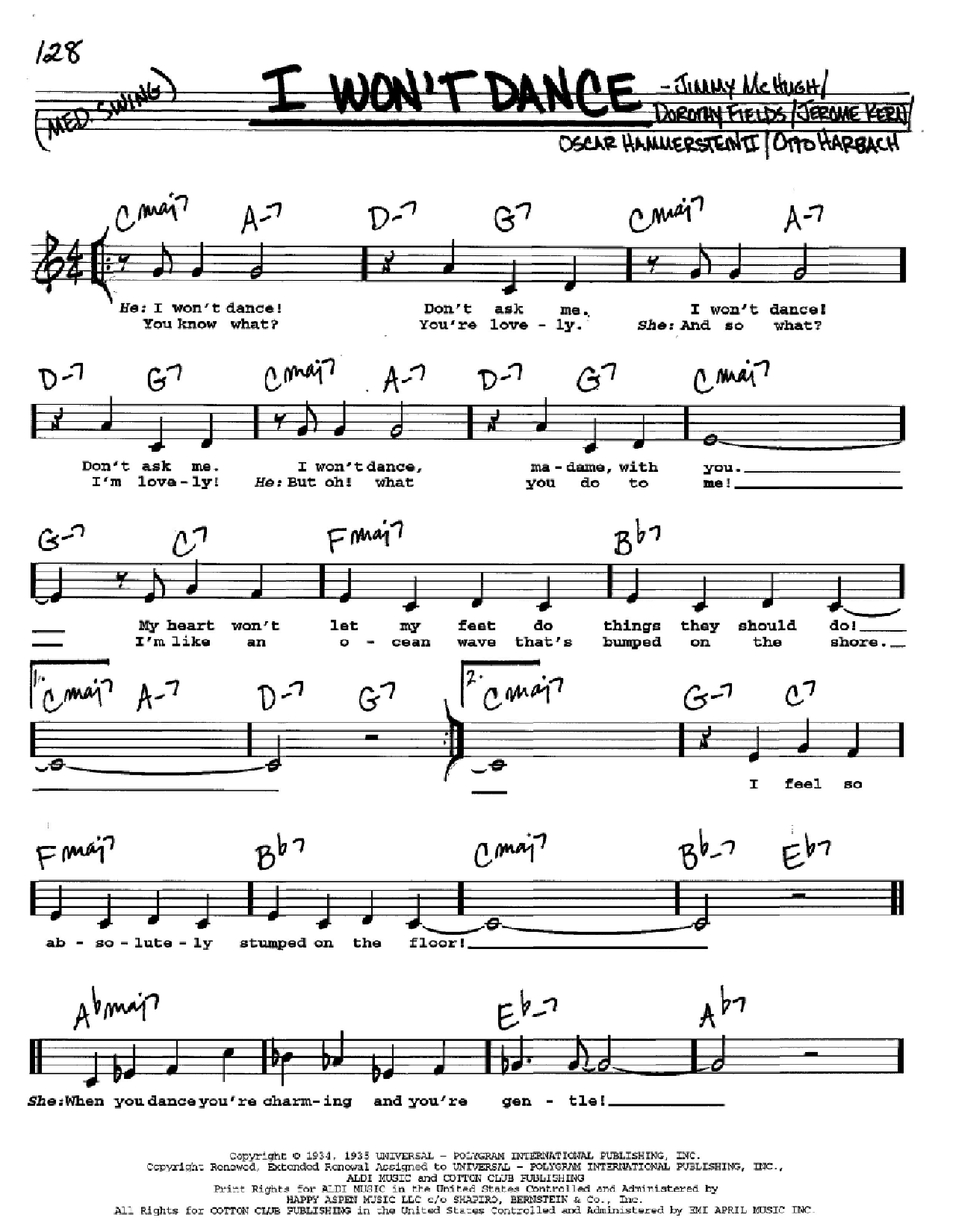 Jerome Kern I Won't Dance sheet music notes and chords. Download Printable PDF.