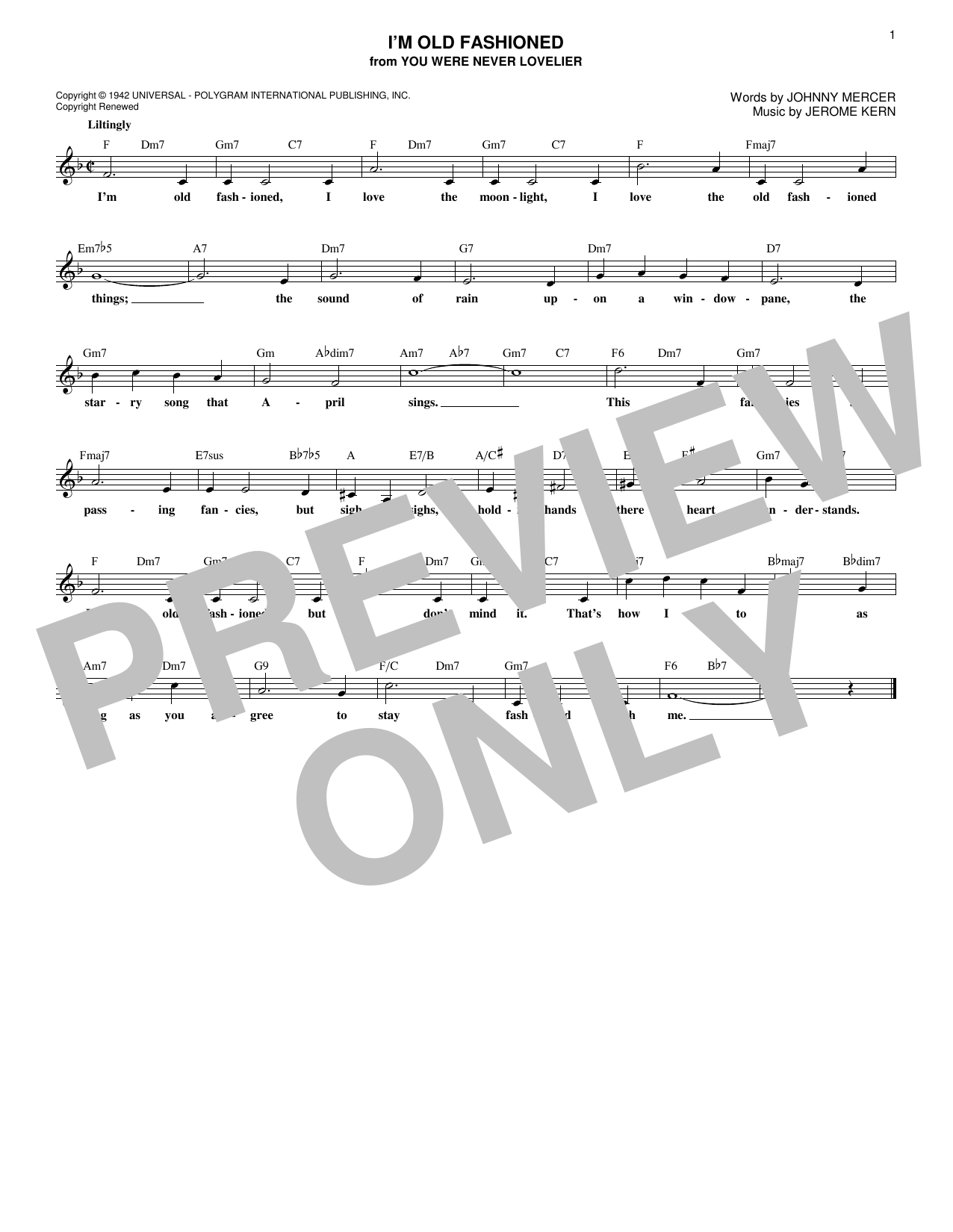 Jerome Kern I'm Old Fashioned sheet music notes and chords. Download Printable PDF.