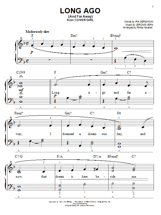 Learn to play Jerome Kern Long Ago (And Far Away) (arr. Phillip Keveren) sheet music for Easy Piano in minutes. Price: 6.9900$ Jerome Kern Long Ago (And Far Away) (arr. Phillip Keveren) sheet music notes and chords arranged for Easy Piano