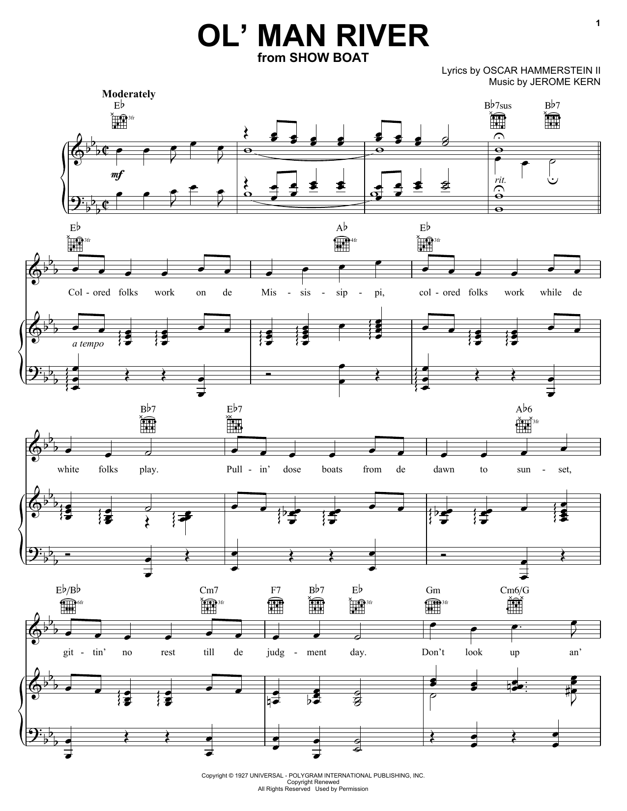 Jerome Kern Ol' Man River sheet music notes and chords. Download Printable PDF.