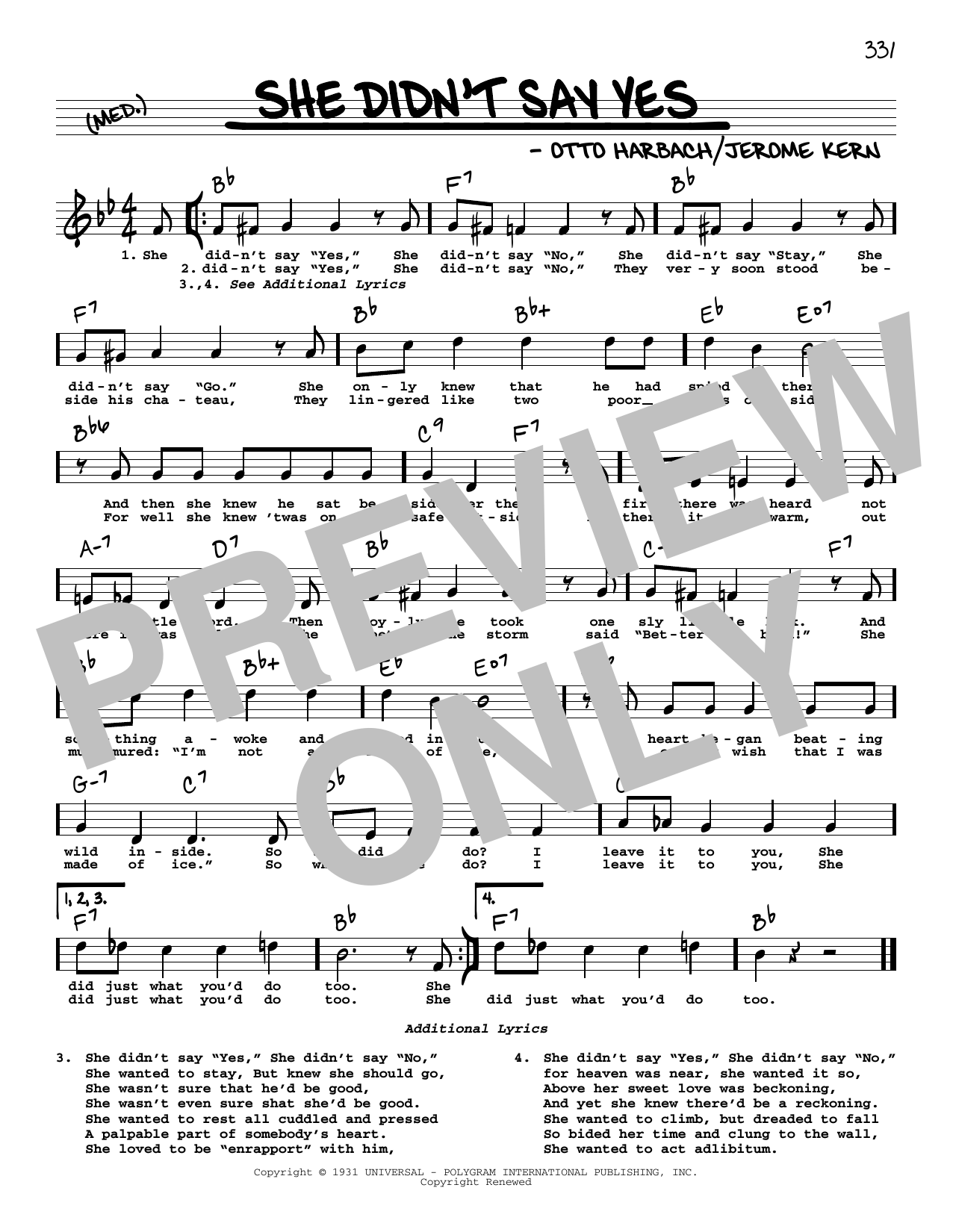 Learn to play Jerome Kern She Didn't Say Yes (High Voice) sheet music for Real Book – Melody, Lyrics & Chords in minutes. Price: 5.9900$ Jerome Kern She Didn't Say Yes (High Voice) sheet music notes and chords arranged for Real Book – Melody, Lyrics & Chords