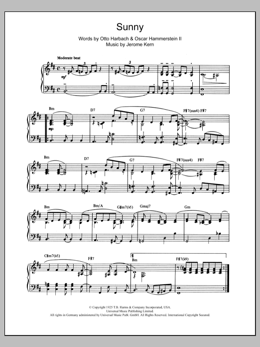 Learn to play Jerome Kern Sunny sheet music for Piano Solo in minutes. Price: 7.8900$ Jerome Kern Sunny sheet music notes and chords arranged for Piano Solo