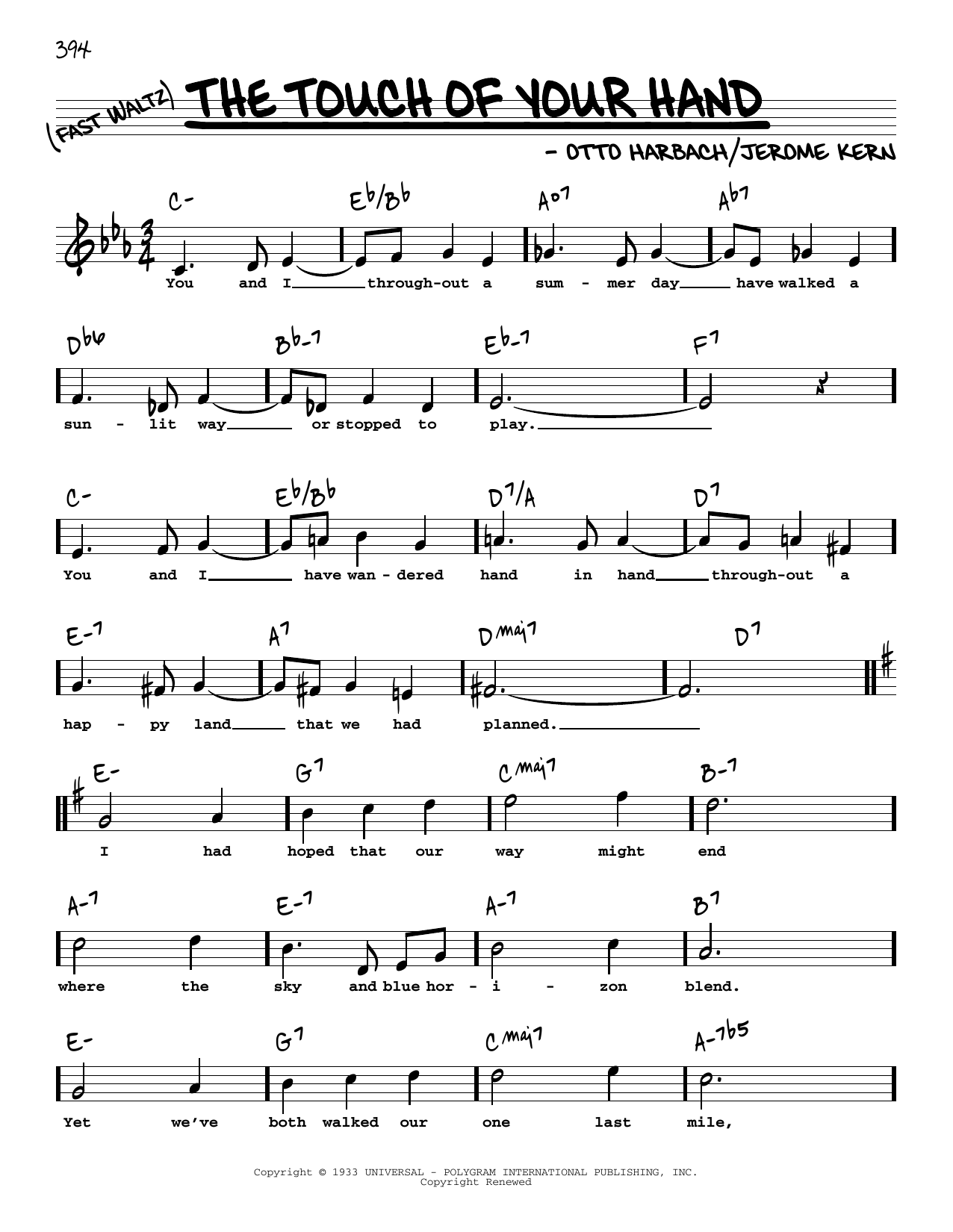 Jerome Kern The Touch Of Your Hand (High Voice) sheet music notes and chords arranged for Real Book – Melody, Lyrics & Chords