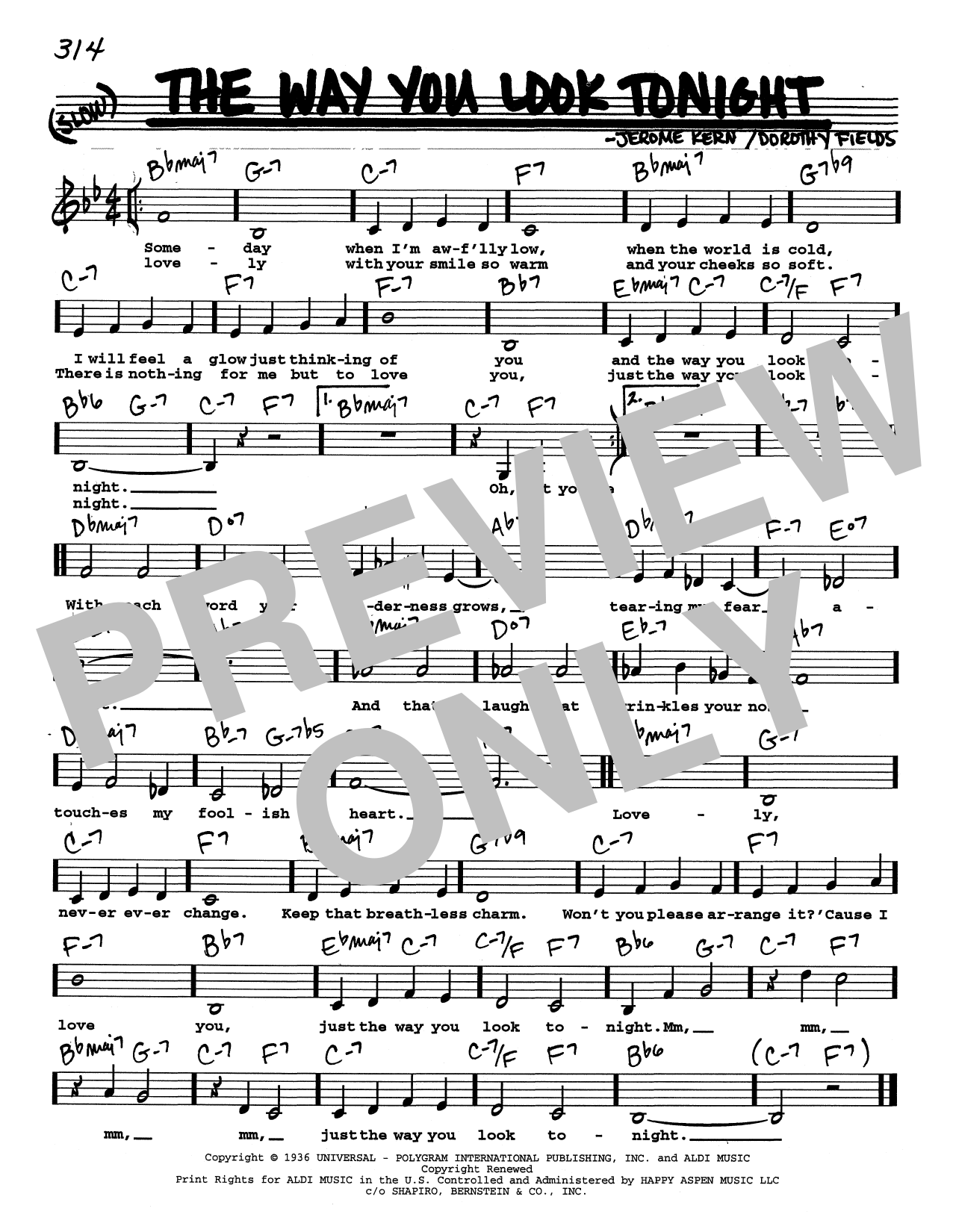 Jerome Kern The Way You Look Tonight (Low Voice) sheet music notes and chords. Download Printable PDF.