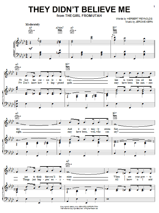 Learn to play Jerome Kern They Didn't Believe Me sheet music for Real Book – Melody & Chords in minutes. Price: 5.9900$ Jerome Kern They Didn't Believe Me sheet music notes and chords arranged for Real Book – Melody & Chords