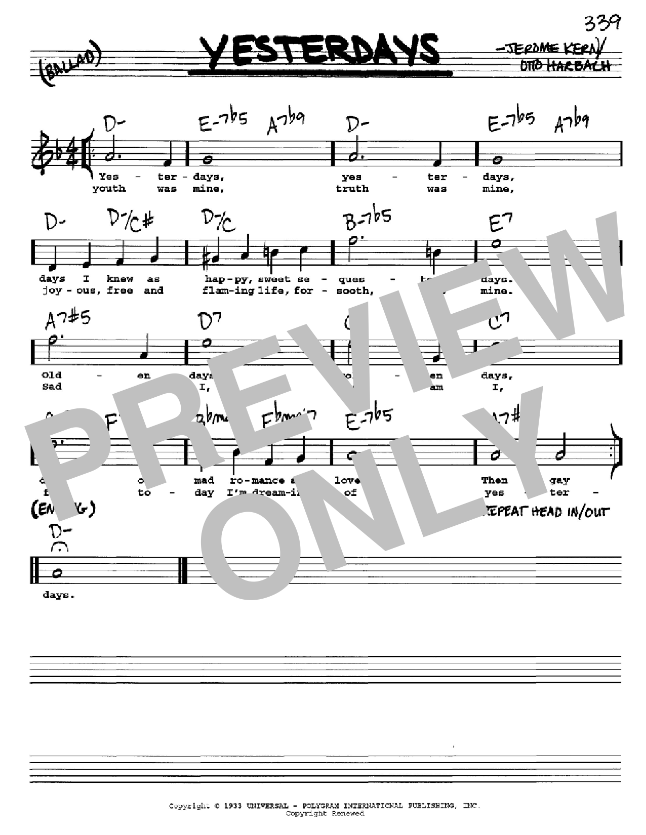 Jerome Kern Yesterdays sheet music notes and chords. Download Printable PDF.