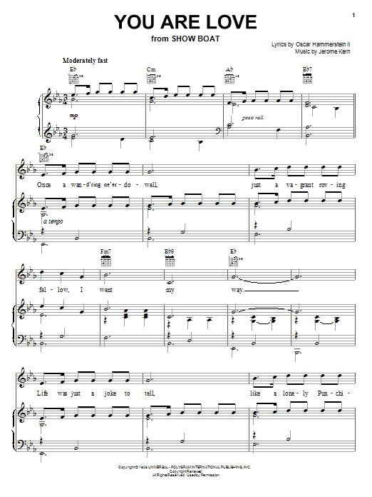 Learn to play Jerome Kern You Are Love sheet music for Piano, Vocal & Guitar Chords (Right-Hand Melody) in minutes. Price: 7.8900$ Jerome Kern You Are Love sheet music notes and chords arranged for Piano, Vocal & Guitar Chords (Right-Hand Melody)