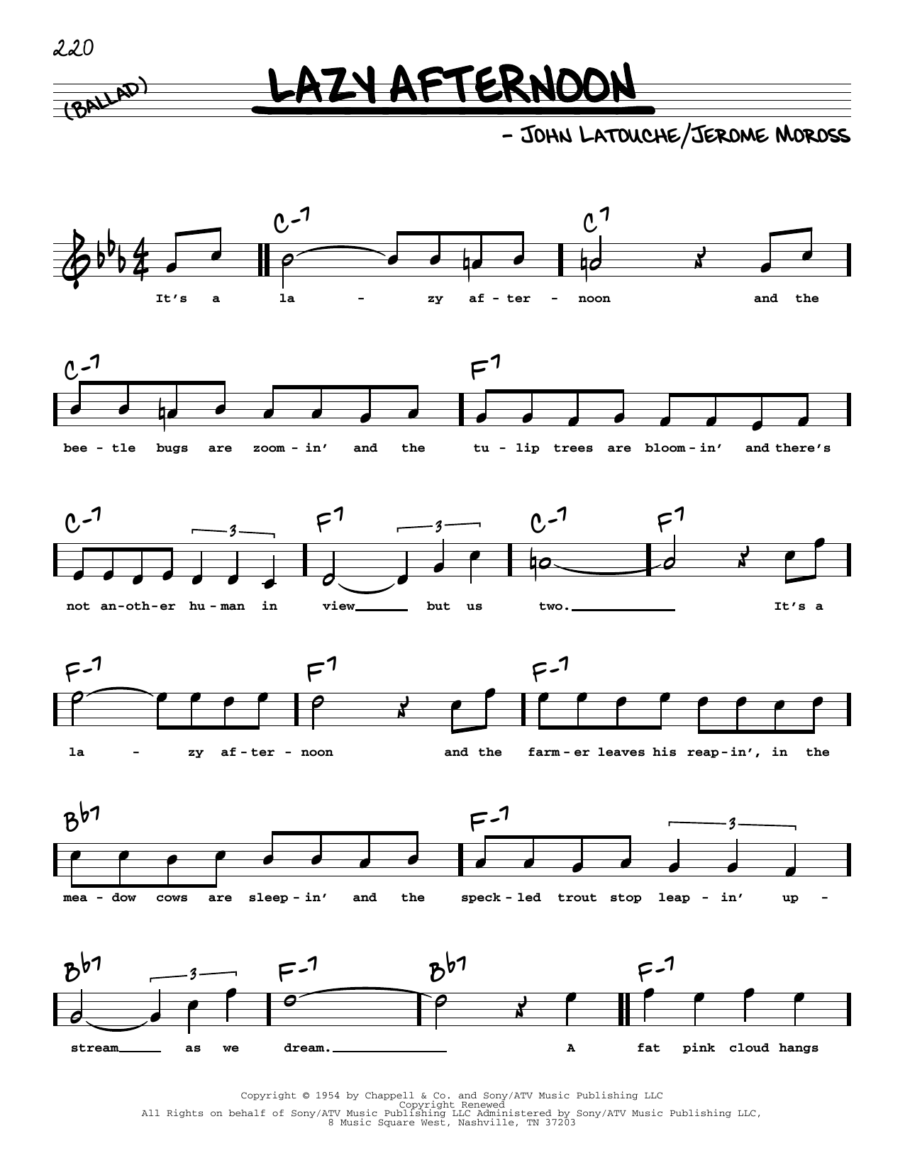 Learn to play Jerome Moross Lazy Afternoon (High Voice) (from The Golden Apple) sheet music for Real Book – Melody, Lyrics & Chords in minutes. Price: 5.9900$ Jerome Moross Lazy Afternoon (High Voice) (from The Golden Apple) sheet music notes and chords arranged for Real Book – Melody, Lyrics & Chords