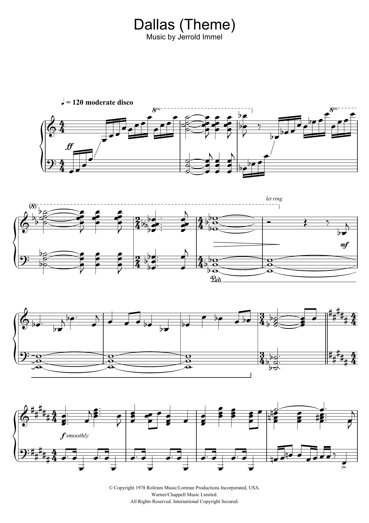 Learn to play Jerrold Immel Dallas (Theme) sheet music for Piano Solo in minutes. Price: 7.8900$ Jerrold Immel Dallas (Theme) sheet music notes and chords arranged for Piano Solo