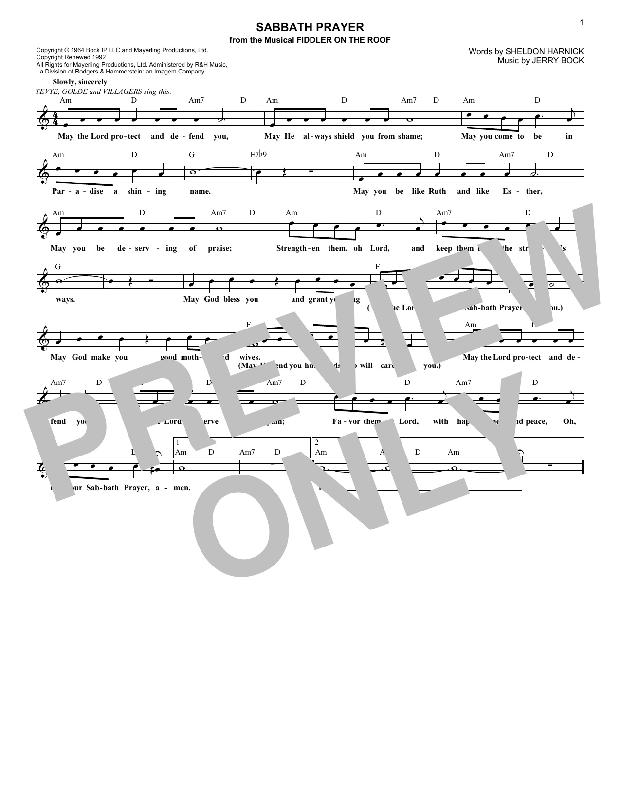 Jerry Bock Sabbath Prayer sheet music notes and chords. Download Printable PDF.