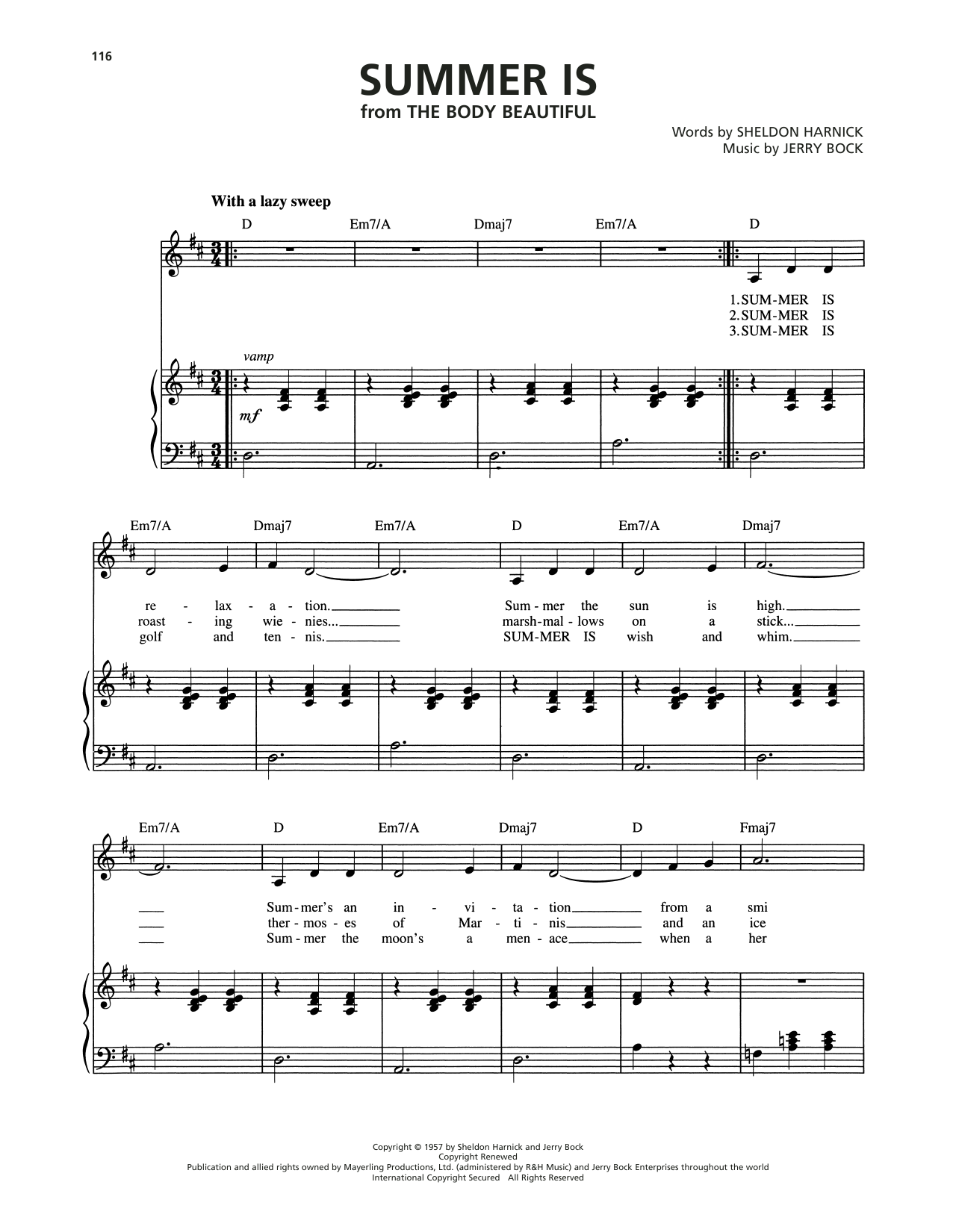 Learn to play Jerry Bock Summer Is (from The Body Beautiful) sheet music for Piano, Vocal & Guitar Chords (Right-Hand Melody) in minutes. Price: 7.8900$ Jerry Bock Summer Is (from The Body Beautiful) sheet music notes and chords arranged for Piano, Vocal & Guitar Chords (Right-Hand Melody)
