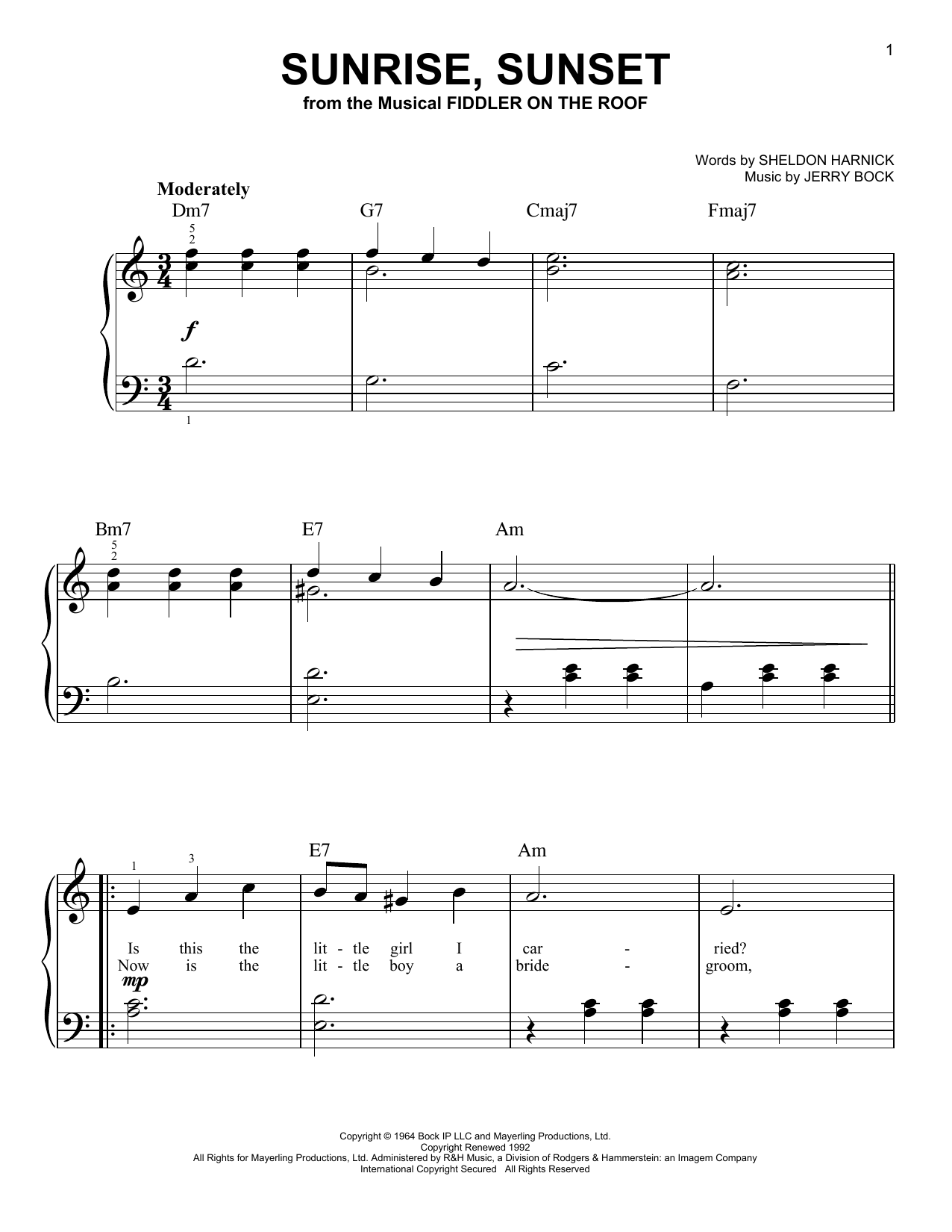 Jerry Bock Sunrise, Sunset sheet music notes and chords. Download Printable PDF.