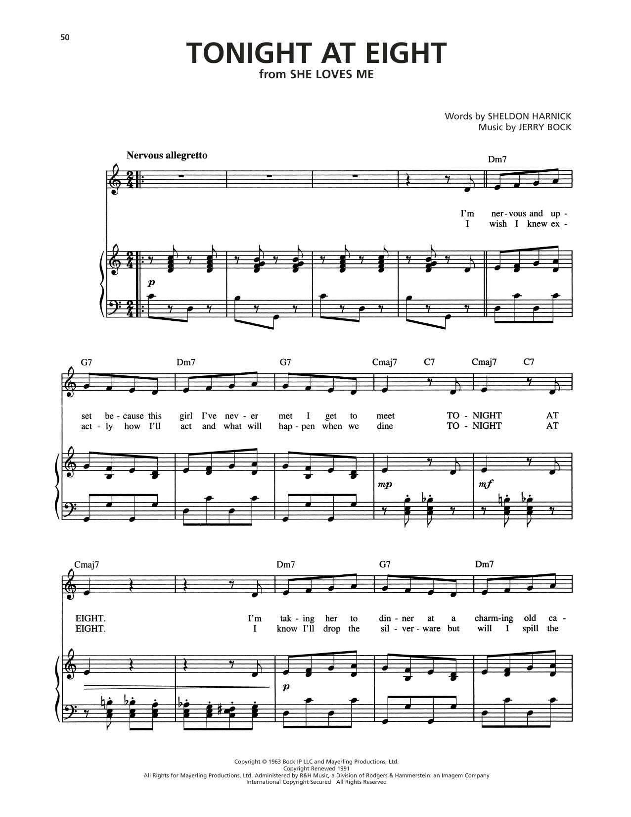 Learn to play Jerry Bock Tonight At Eight (from She Loves Me) sheet music for Piano, Vocal & Guitar Chords (Right-Hand Melody) in minutes. Price: 7.8900$ Jerry Bock Tonight At Eight (from She Loves Me) sheet music notes and chords arranged for Piano, Vocal & Guitar Chords (Right-Hand Melody)