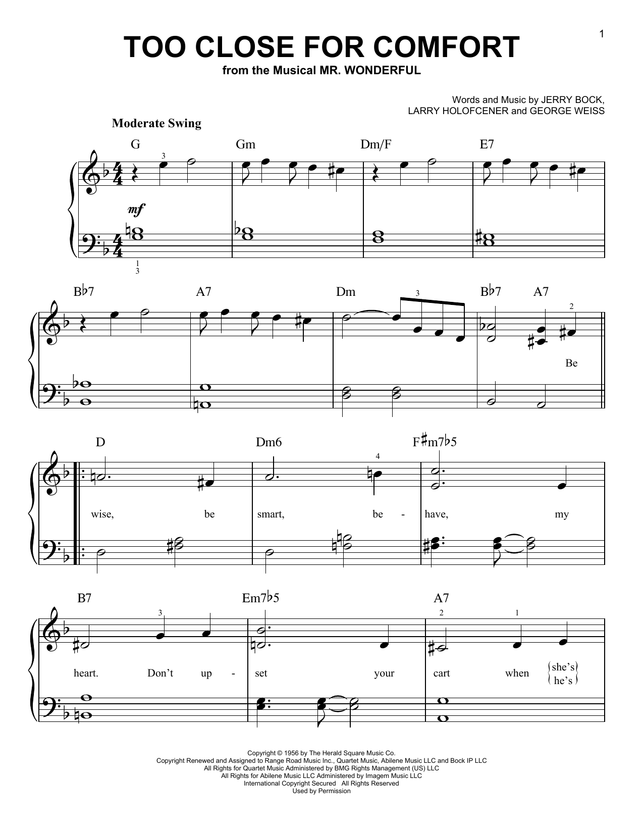 Jerry Bock Too Close For Comfort sheet music notes and chords. Download Printable PDF.