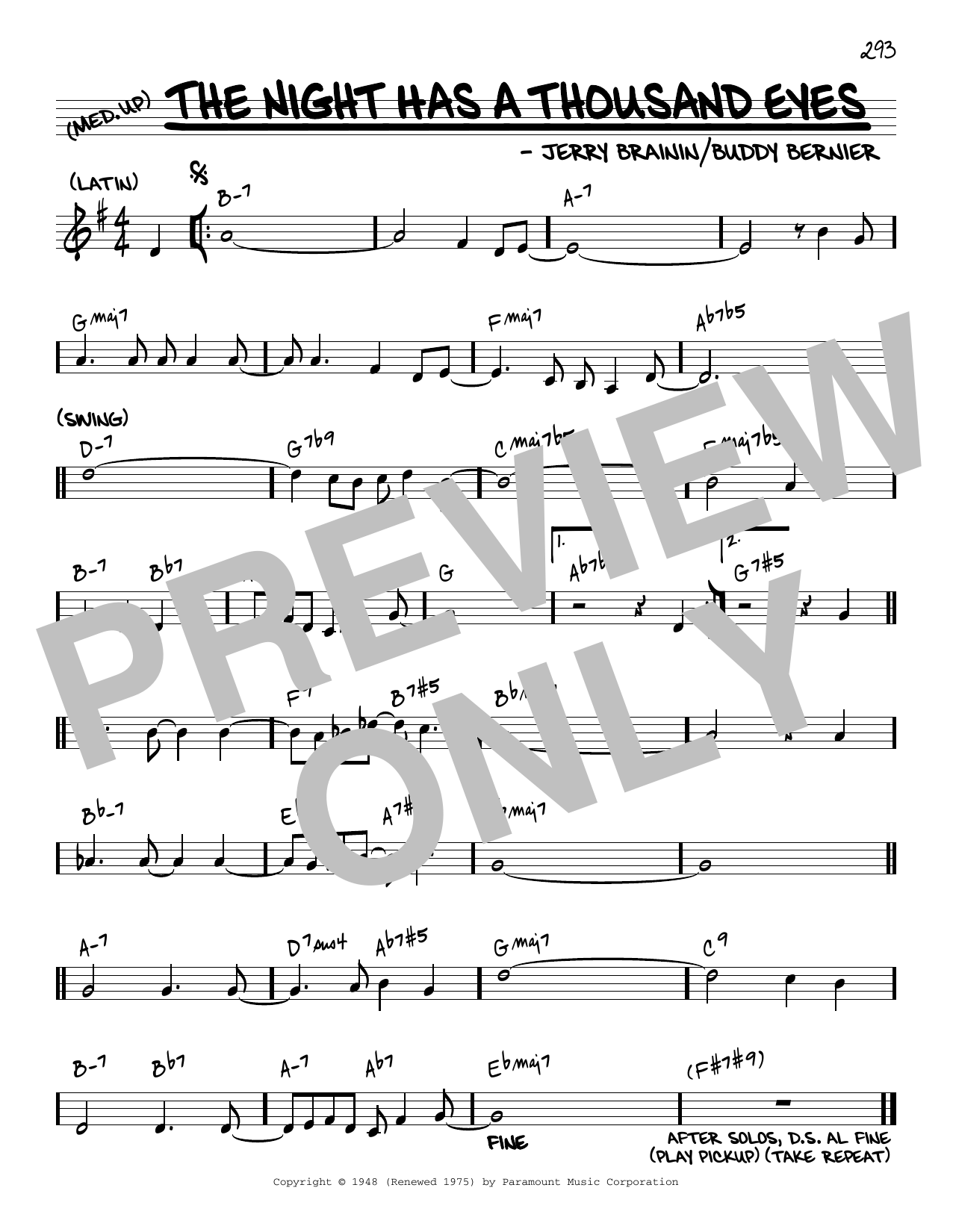 Jerry Brainin The Night Has A Thousand Eyes [Reharmonized version] (arr. Jack Grassel) sheet music notes and chords arranged for Real Book – Melody & Chords