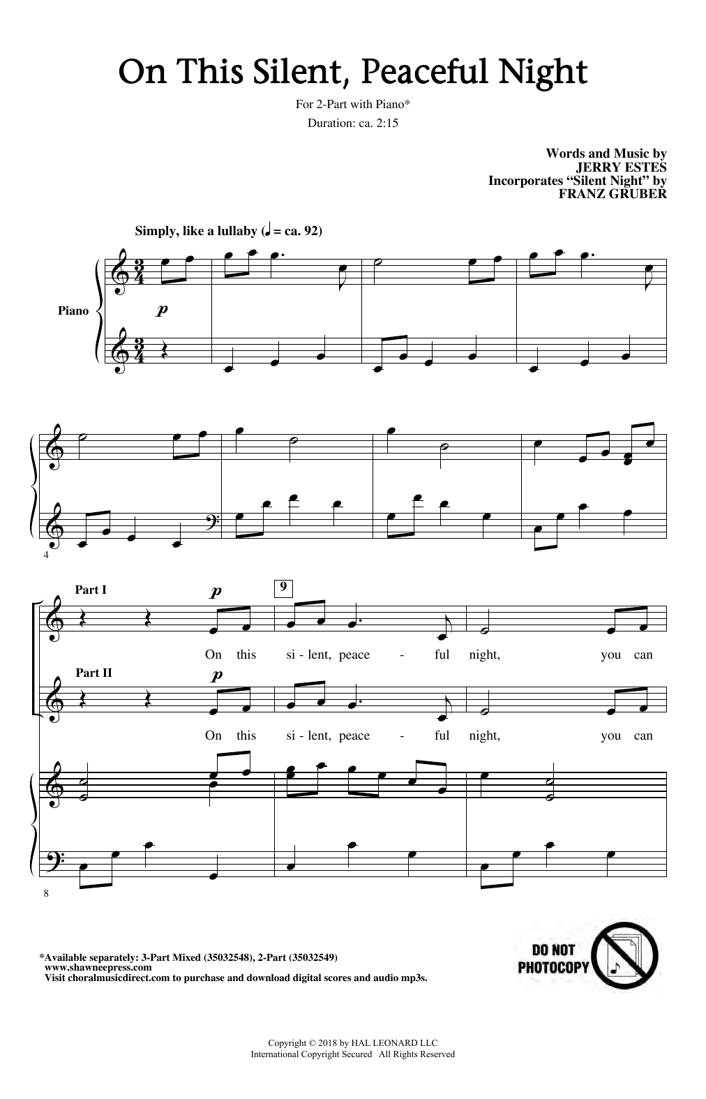 Jerry Estes On This Silent, Peaceful Night sheet music notes and chords. Download Printable PDF.