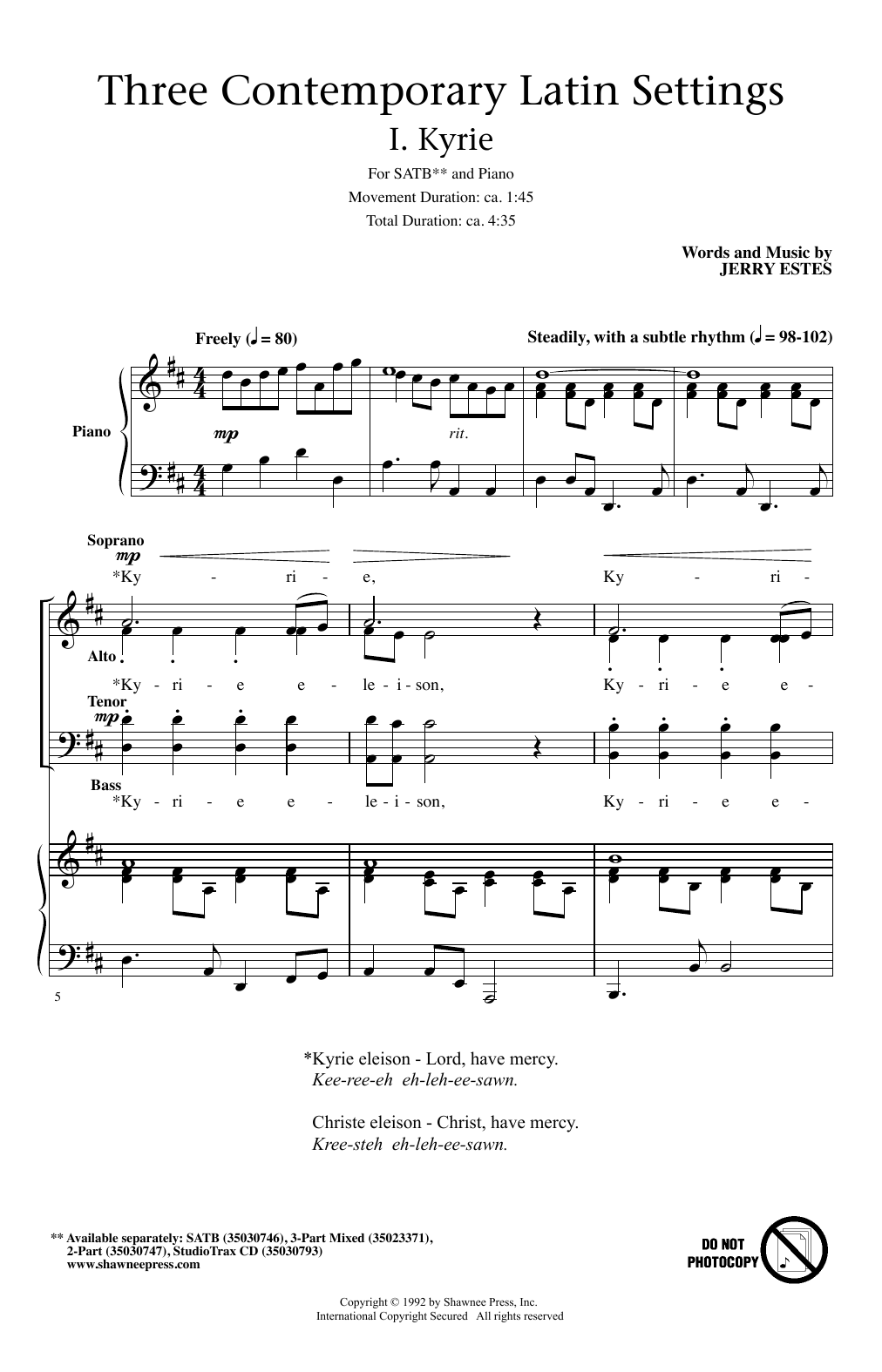 Jerry Estes Three Contemporary Latin Settings sheet music notes and chords. Download Printable PDF.