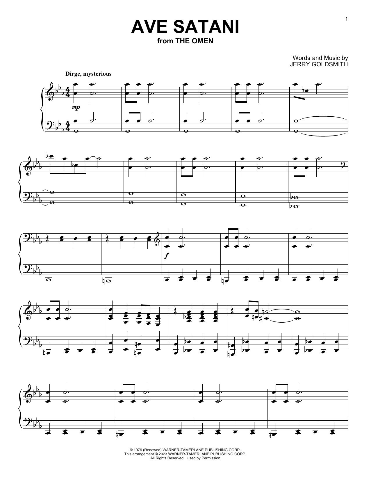 Learn to play Jerry Goldsmith Ave Satani (from The Omen) sheet music for Piano Solo in minutes. Price: 7.8900$ Jerry Goldsmith Ave Satani (from The Omen) sheet music notes and chords arranged for Piano Solo