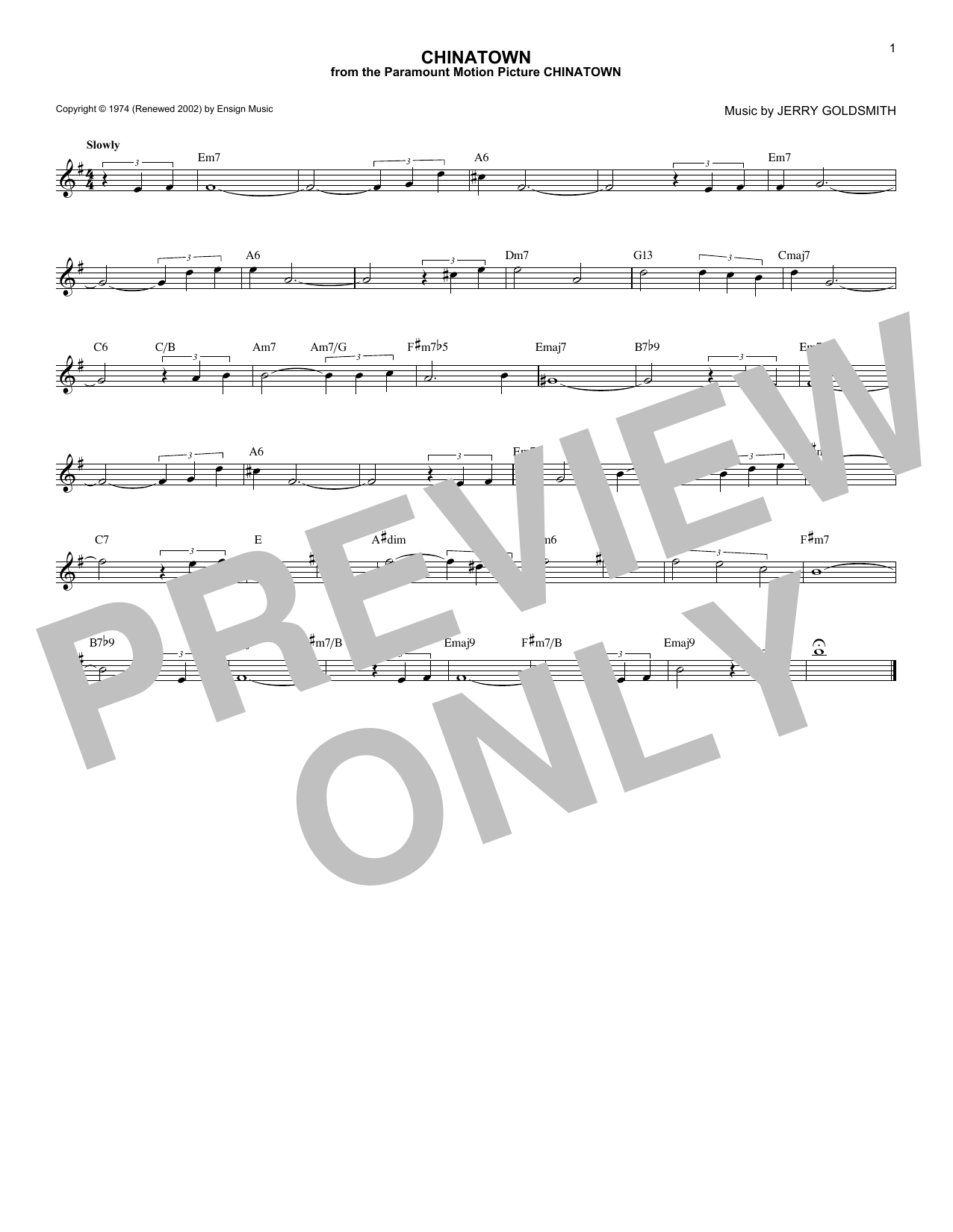 Learn to play Jerry Goldsmith Chinatown sheet music for Piano Solo in minutes. Price: 7.8900$ Jerry Goldsmith Chinatown sheet music notes and chords arranged for Piano Solo