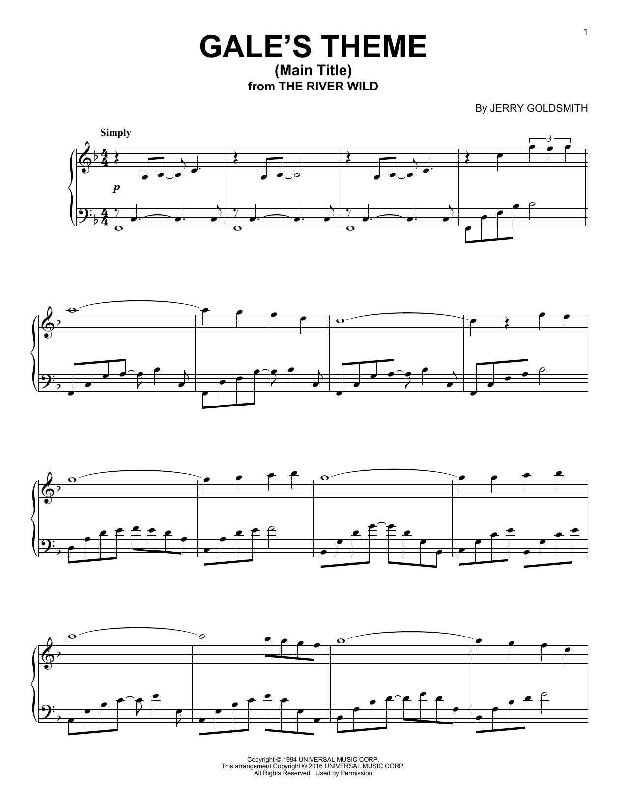 Learn to play Jerry Goldsmith Gale's Theme (Main Title) sheet music for Piano Solo in minutes. Price: 7.8900$ Jerry Goldsmith Gale's Theme (Main Title) sheet music notes and chords arranged for Piano Solo