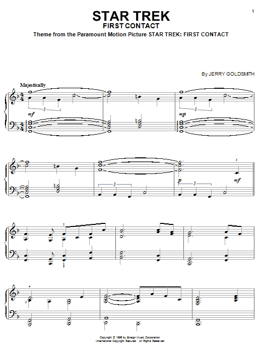 Learn to play Jerry Goldsmith Star Trek(R) First Contact sheet music for Easy Piano in minutes. Price: 6.9900$ Jerry Goldsmith Star Trek(R) First Contact sheet music notes and chords arranged for Easy Piano