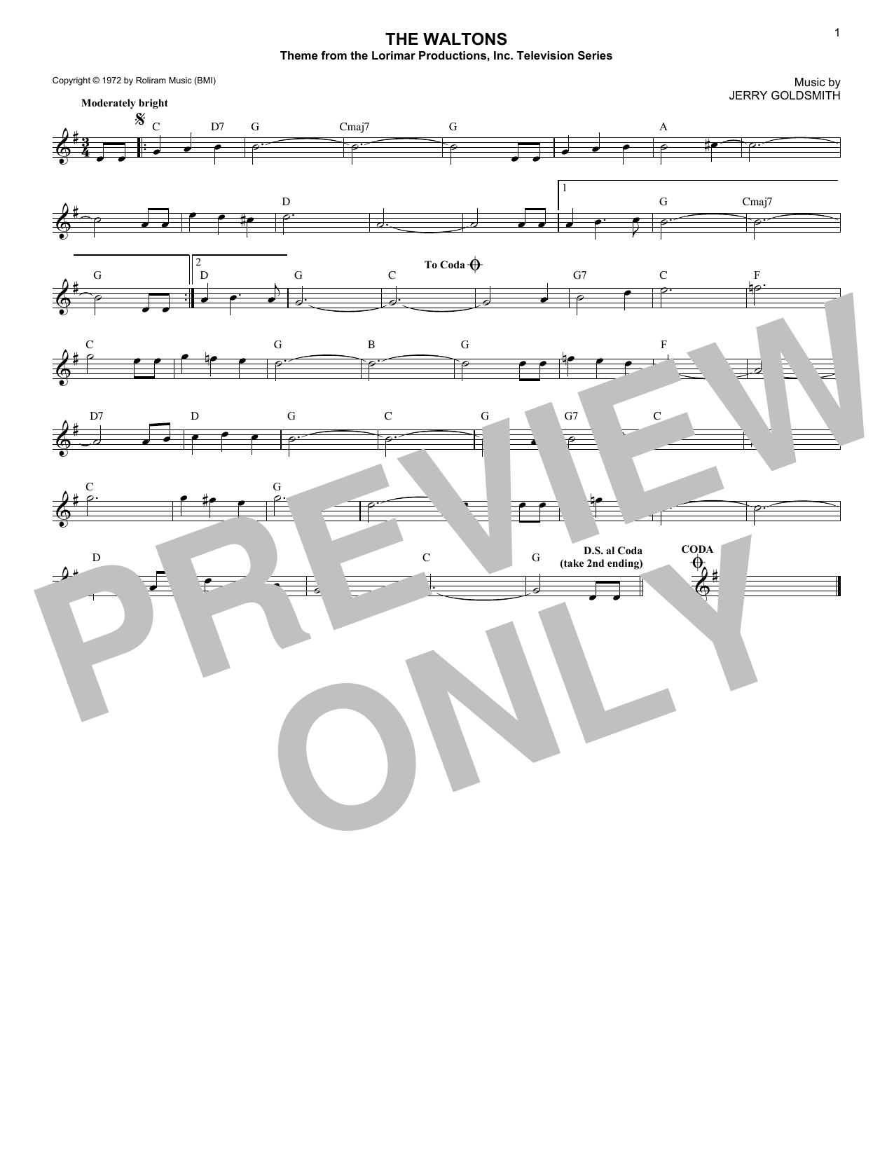 Jerry Goldsmith The Waltons sheet music notes and chords. Download Printable PDF.