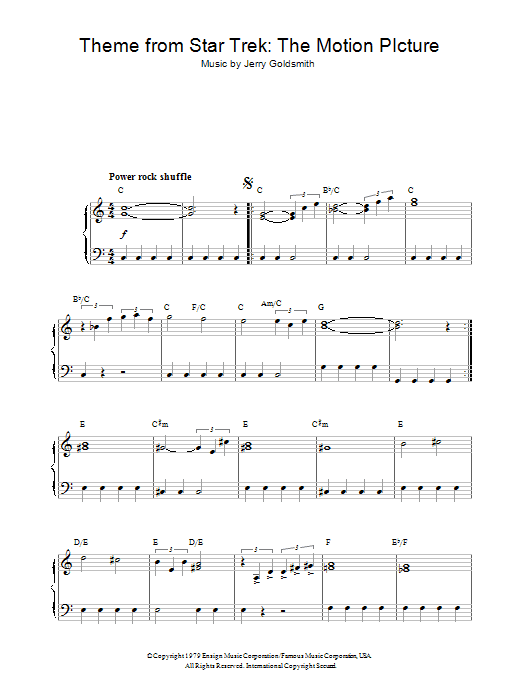Learn to play Jerry Goldsmith Theme from Star Trek: The Motion Picture sheet music for Piano Solo in minutes. Price: 7.8900$ Jerry Goldsmith Theme from Star Trek: The Motion Picture sheet music notes and chords arranged for Piano Solo