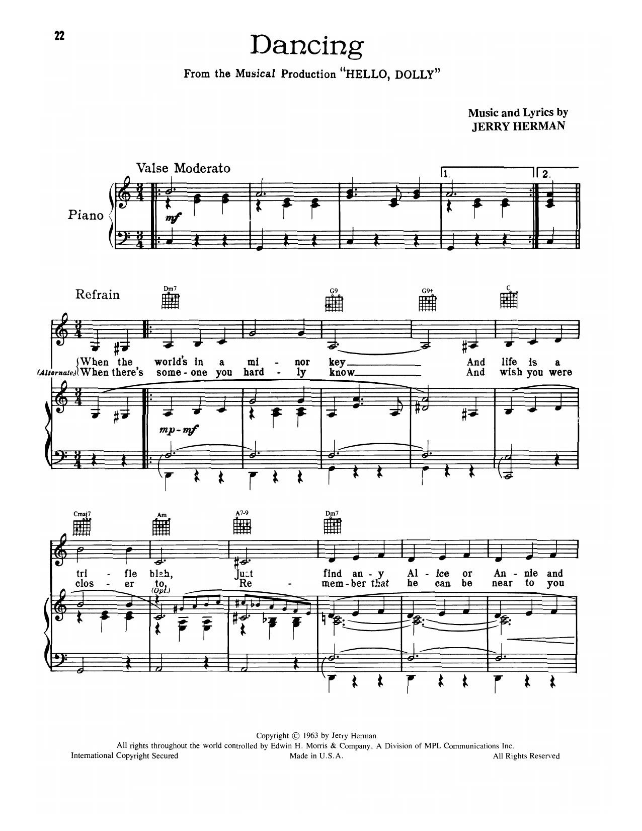 Learn to play Jerry Herman Dancing (from Hello, Dolly!) sheet music for Piano, Vocal & Guitar Chords (Right-Hand Melody) in minutes. Price: 7.8900$ Jerry Herman Dancing (from Hello, Dolly!) sheet music notes and chords arranged for Piano, Vocal & Guitar Chords (Right-Hand Melody)