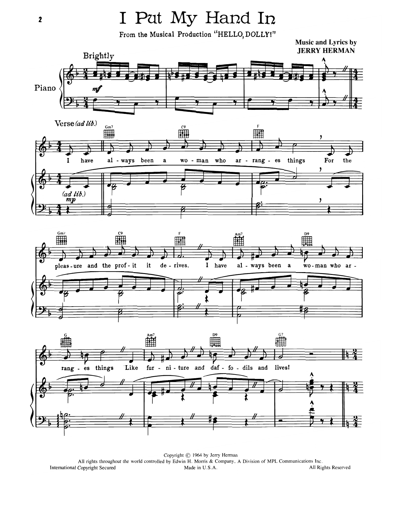 Learn to play Jerry Herman I Put My Hand In (from Hello, Dolly!) sheet music for Piano, Vocal & Guitar Chords (Right-Hand Melody) in minutes. Price: 7.8900$ Jerry Herman I Put My Hand In (from Hello, Dolly!) sheet music notes and chords arranged for Piano, Vocal & Guitar Chords (Right-Hand Melody)