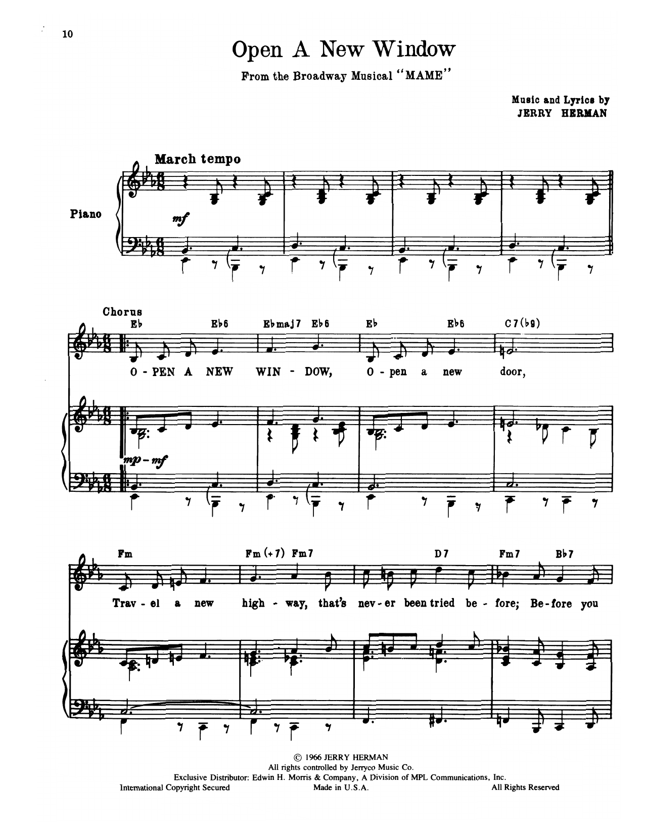 Learn to play Jerry Herman Open A New Window (from Mame) sheet music for Piano, Vocal & Guitar Chords (Right-Hand Melody) in minutes. Price: 6.9900$ Jerry Herman Open A New Window (from Mame) sheet music notes and chords arranged for Piano, Vocal & Guitar Chords (Right-Hand Melody)