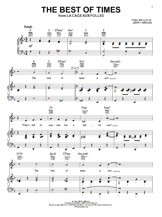 Learn to play Jerry Herman The Best Of Times sheet music for Easy Piano in minutes. Price: 6.9900$ Jerry Herman The Best Of Times sheet music notes and chords arranged for Easy Piano