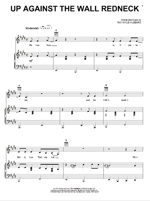 Learn to play Jerry Jeff Walker Up Against The Wall Redneck sheet music for Piano, Vocal & Guitar Chords (Right-Hand Melody) in minutes. Price: 7.8900$ Jerry Jeff Walker Up Against The Wall Redneck sheet music notes and chords arranged for Piano, Vocal & Guitar Chords (Right-Hand Melody)