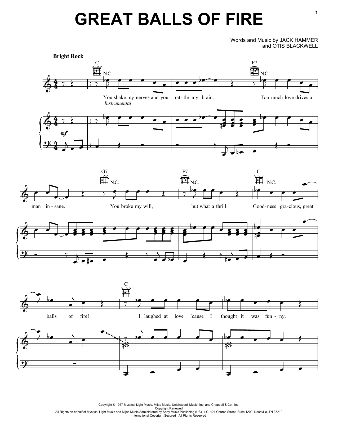 Jerry Lee Lewis Great Balls Of Fire sheet music notes and chords. Download Printable PDF.