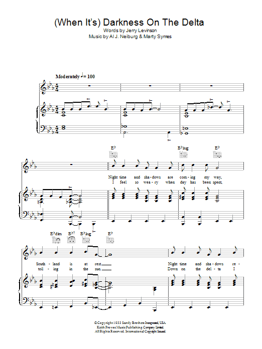 Learn to play Al J. Neiburg (When It's) Darkness On The Delta sheet music for Piano, Vocal & Guitar Chords in minutes. Price: 7.8900$ Al J. Neiburg (When It's) Darkness On The Delta sheet music notes and chords arranged for Piano, Vocal & Guitar Chords