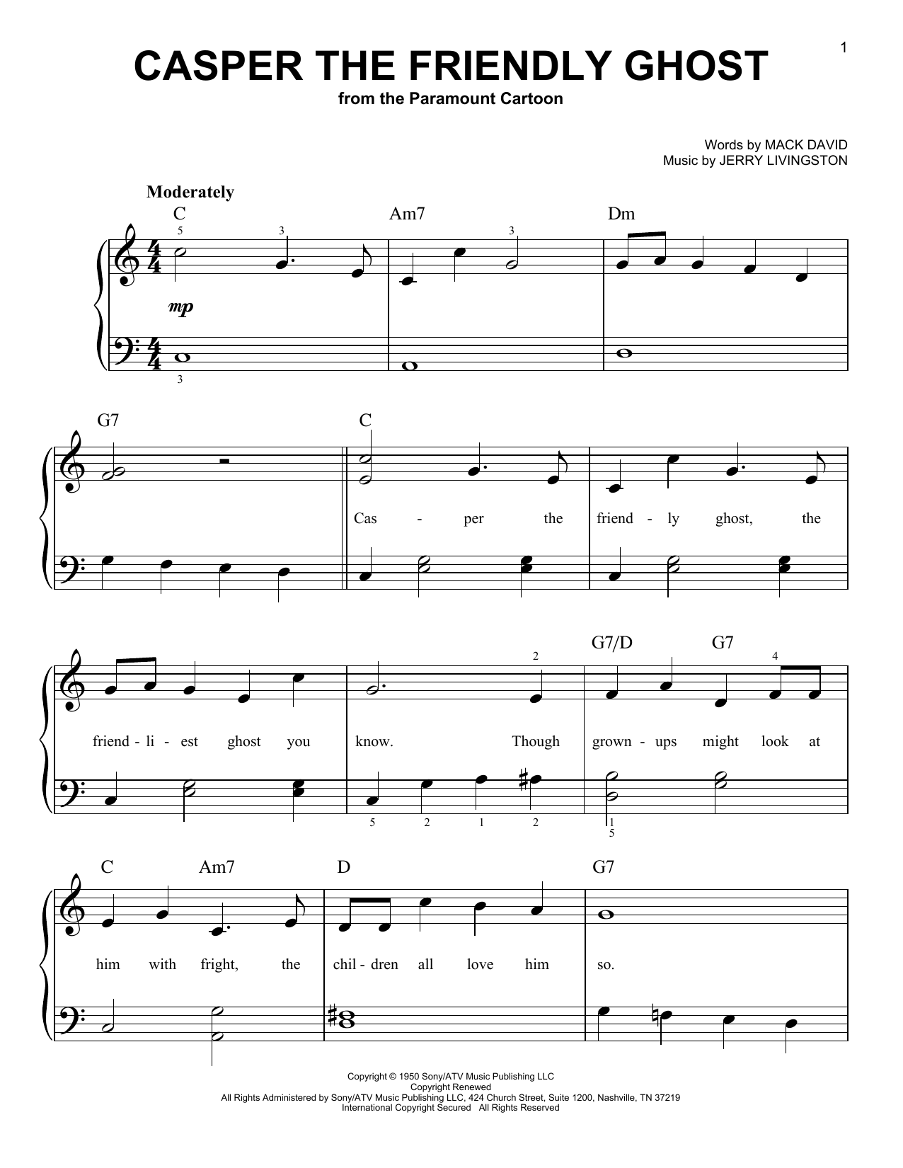 Jerry Livingston Casper The Friendly Ghost sheet music notes and chords. Download Printable PDF.