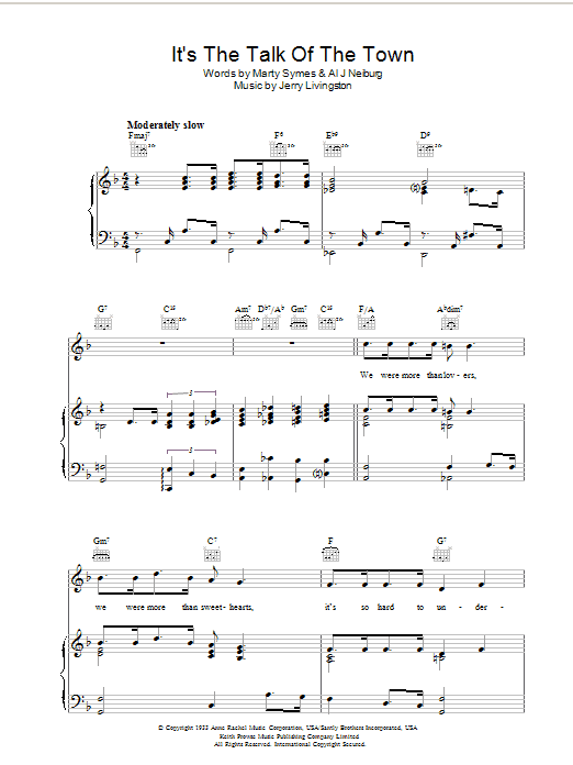Learn to play Jerry Livingston It's The Talk Of The Town sheet music for Real Book – Melody & Chords – C Instruments in minutes. Price: 5.9900$ Jerry Livingston It's The Talk Of The Town sheet music notes and chords arranged for Real Book – Melody & Chords – C Instruments