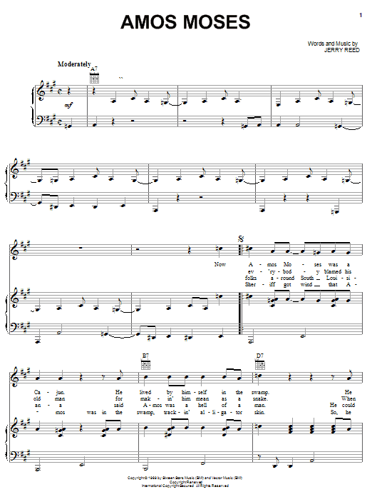 Jerry Reed Amos Moses sheet music notes and chords. Download Printable PDF.