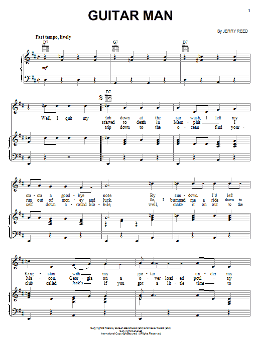 Jerry Reed Guitar Man sheet music notes and chords. Download Printable PDF.