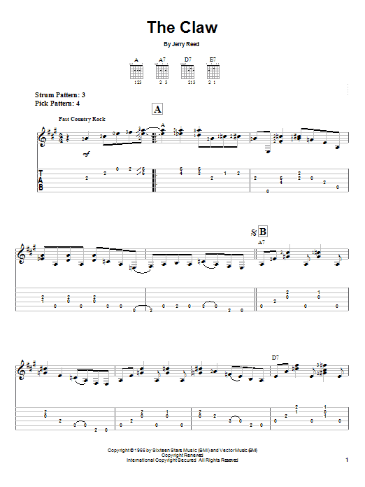 Jerry Reed The Claw sheet music notes and chords. Download Printable PDF.