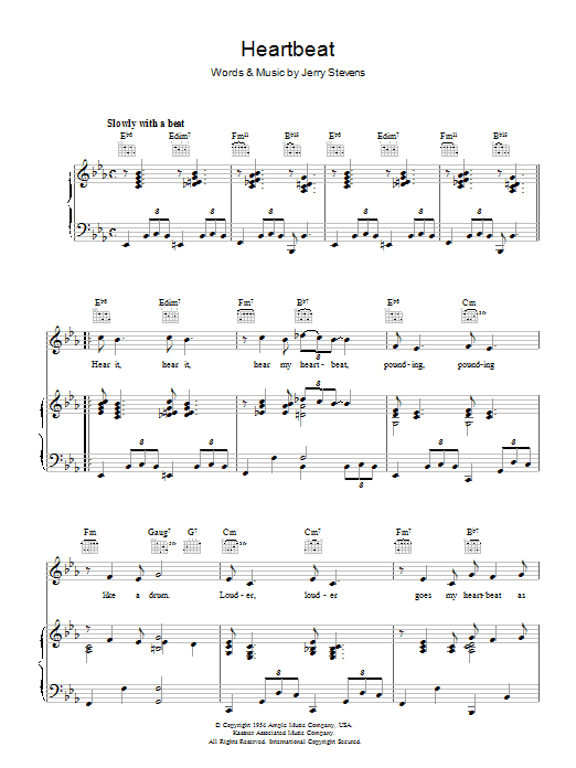 Learn to play Jerry Stevens Heartbeat sheet music for Piano, Vocal & Guitar Chords in minutes. Price: 7.8900$ Jerry Stevens Heartbeat sheet music notes and chords arranged for Piano, Vocal & Guitar Chords