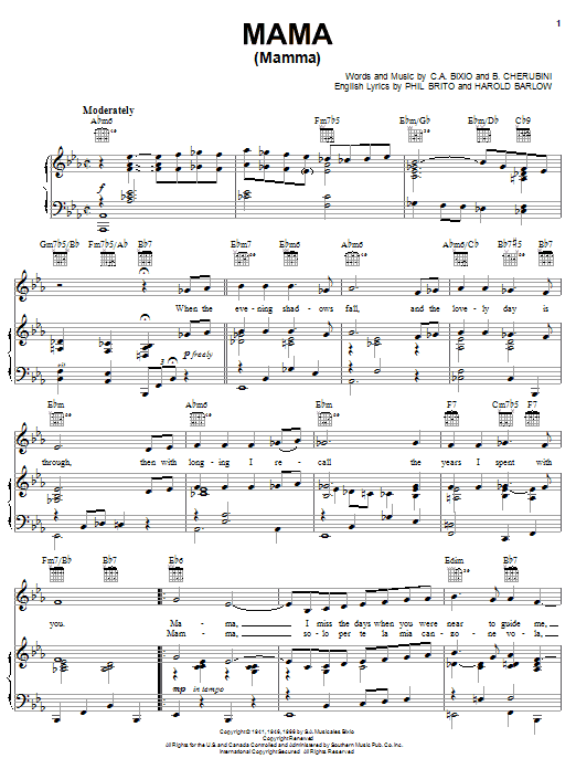 Learn to play Jerry Vale Mama (Mamma) sheet music for Piano, Vocal & Guitar Chords (Right-Hand Melody) in minutes. Price: 7.8900$ Jerry Vale Mama (Mamma) sheet music notes and chords arranged for Piano, Vocal & Guitar Chords (Right-Hand Melody)