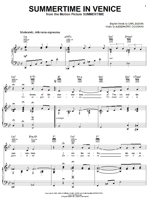 Learn to play Jerry Vale Summertime In Venice sheet music for Piano, Vocal & Guitar Chords (Right-Hand Melody) in minutes. Price: 7.8900$ Jerry Vale Summertime In Venice sheet music notes and chords arranged for Piano, Vocal & Guitar Chords (Right-Hand Melody)