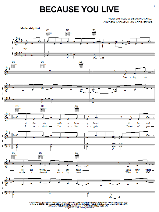 Learn to play Jesse McCartney Because You Live sheet music for Piano, Vocal & Guitar Chords (Right-Hand Melody) in minutes. Price: 7.8900$ Jesse McCartney Because You Live sheet music notes and chords arranged for Piano, Vocal & Guitar Chords (Right-Hand Melody)