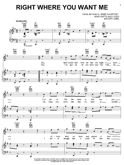Learn to play Jesse McCartney Right Where You Want Me sheet music for Piano, Vocal & Guitar Chords (Right-Hand Melody) in minutes. Price: 7.8900$ Jesse McCartney Right Where You Want Me sheet music notes and chords arranged for Piano, Vocal & Guitar Chords (Right-Hand Melody)